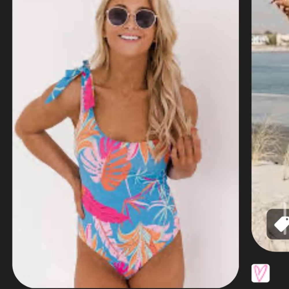 NEW Pink Lily Coral Reef Blue One Shoulder Swimsuit